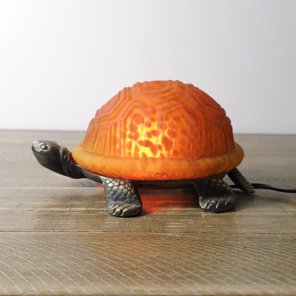 Vintage Turtle Accent Lamp Amber Art Glass Metal Brass Body Nightlight